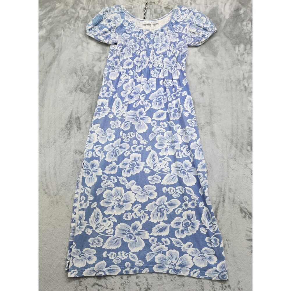 Vintage 90s Styleworks Dress Size M Blue White Floral Midi Puff Short Sleeves